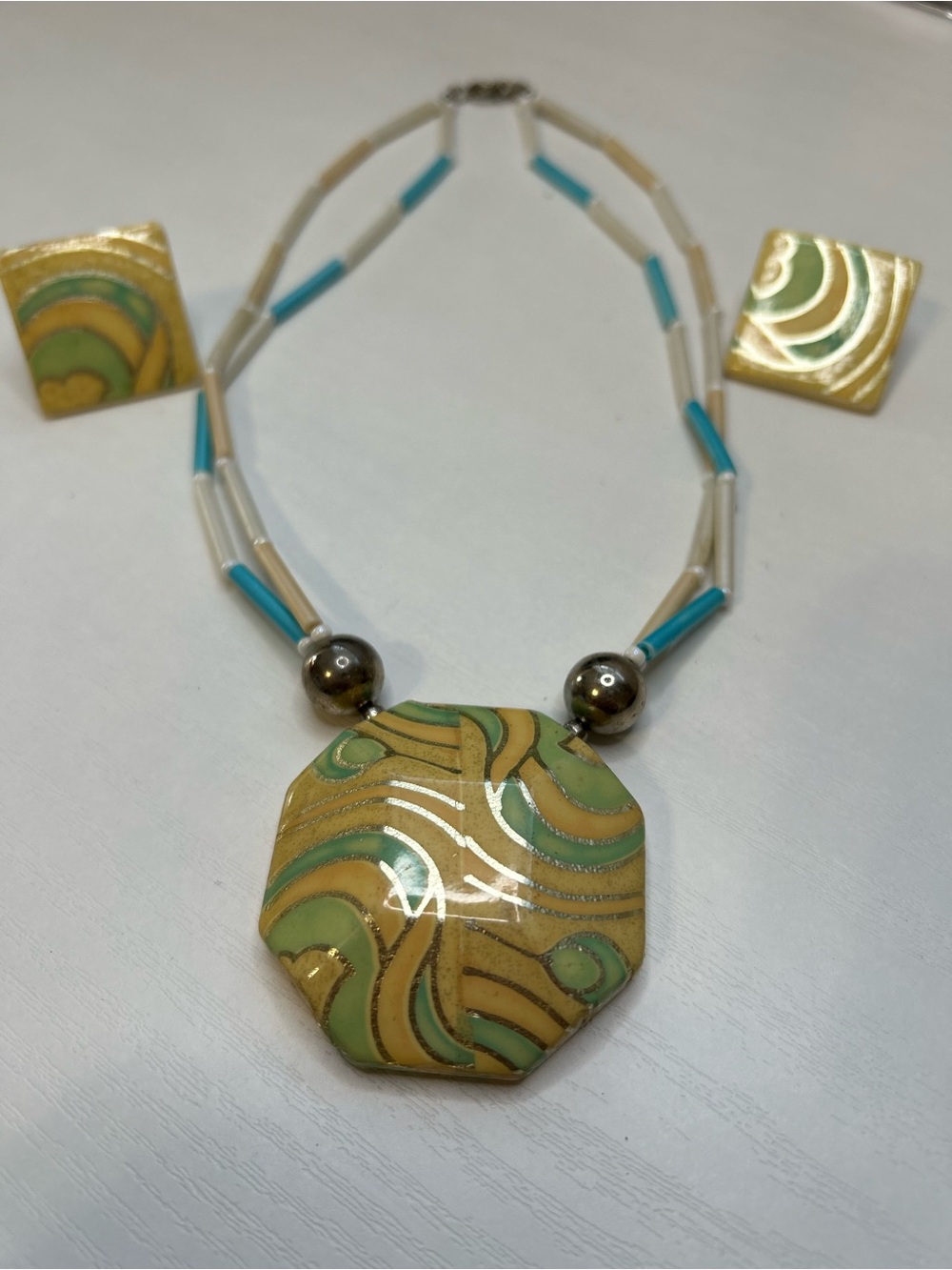 Handcrafted Green and Gold Octagon Pendant Necklace by